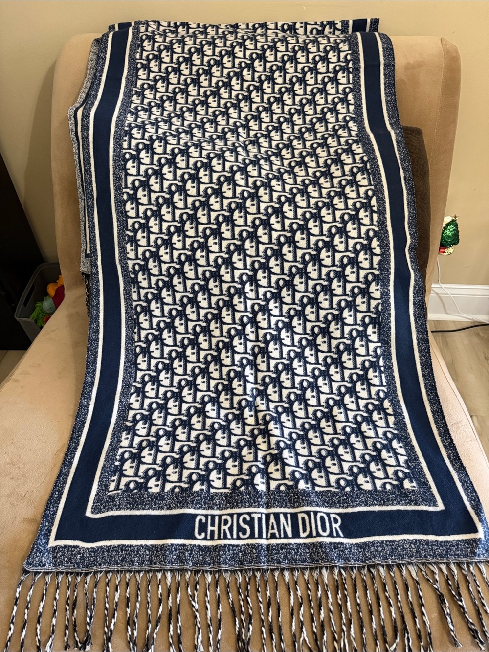 Dior Navy and White Monogram Scarf with Fringe